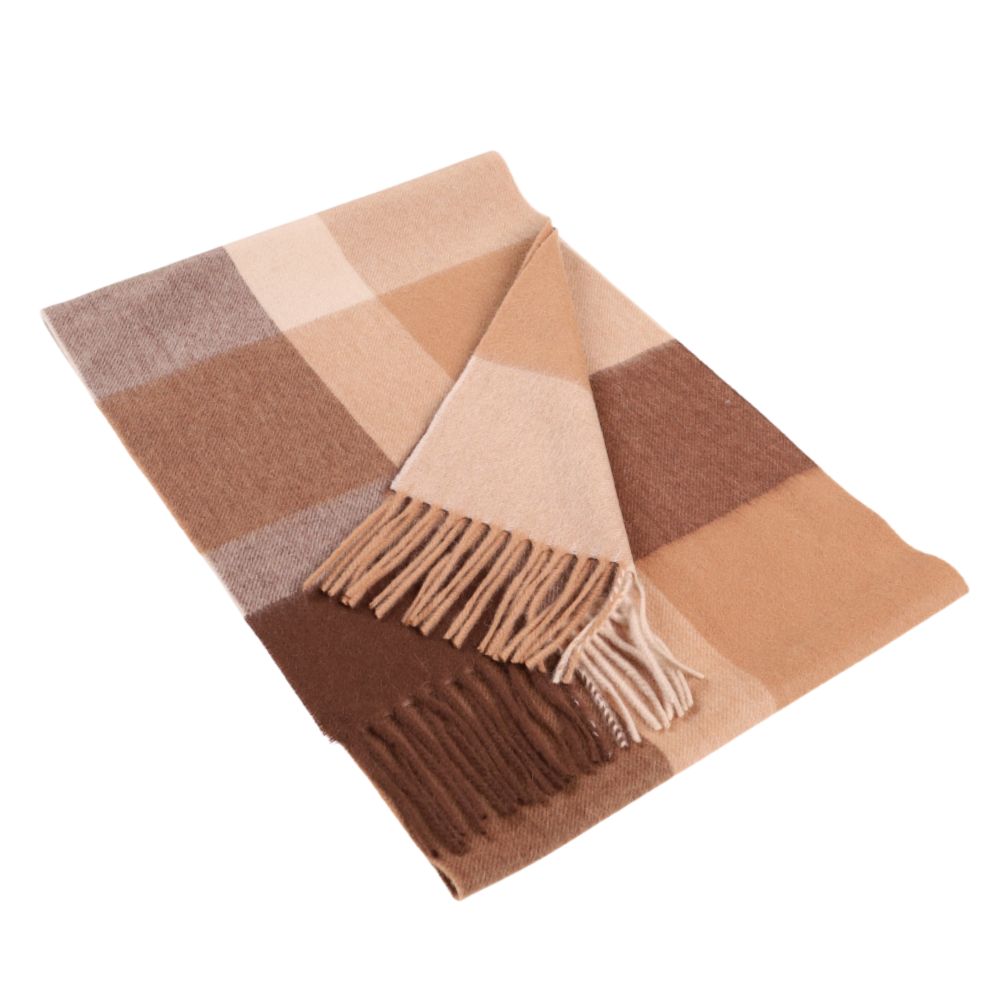 Storrutig halsduk i 100 % ull, brun och beige – York (1)