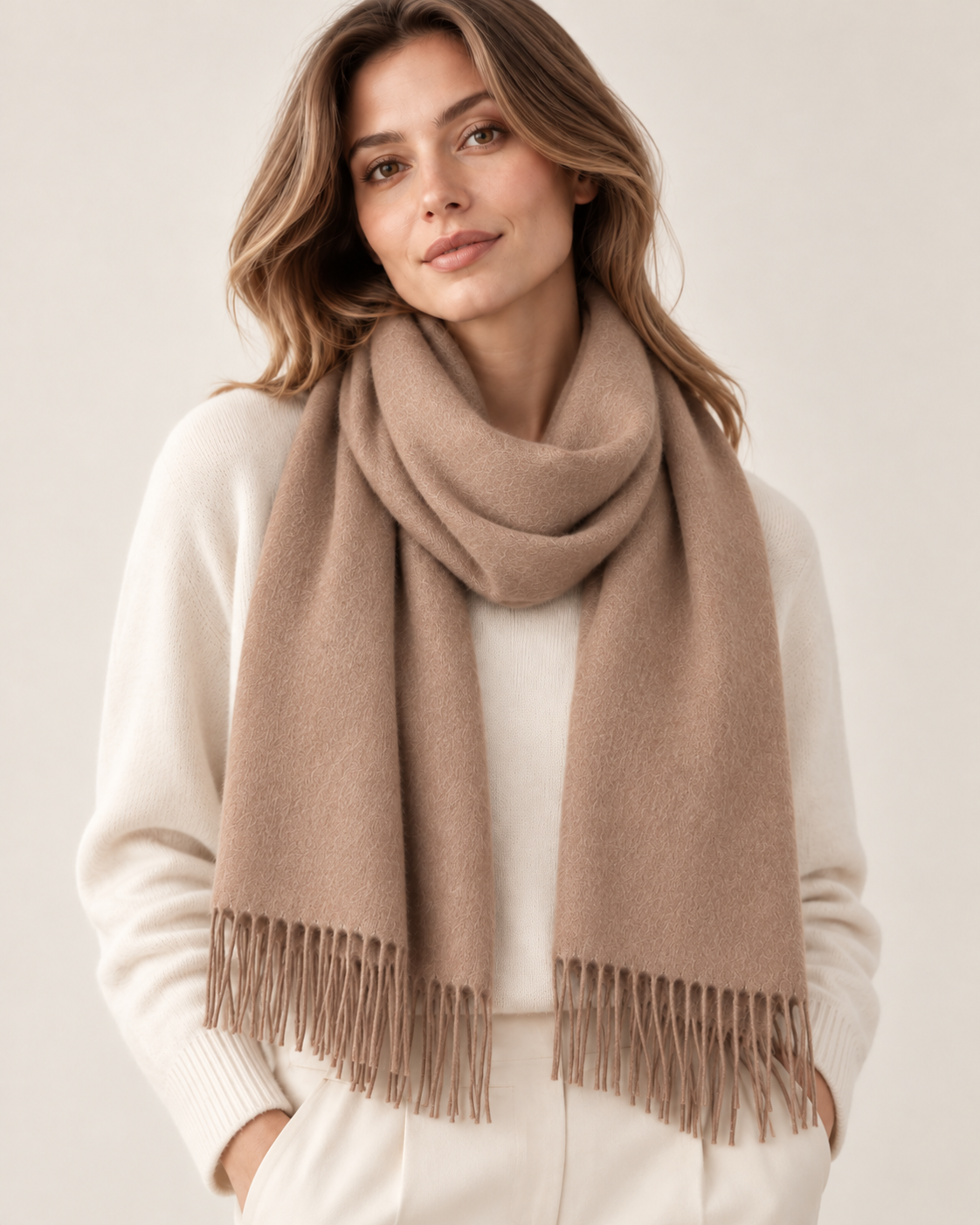 Enfärgad beige kashmirhalsduk för dam Paris (5)