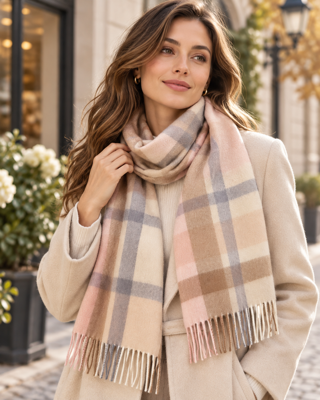 Rutig halsduk i 100 % ull, beige – London (5)