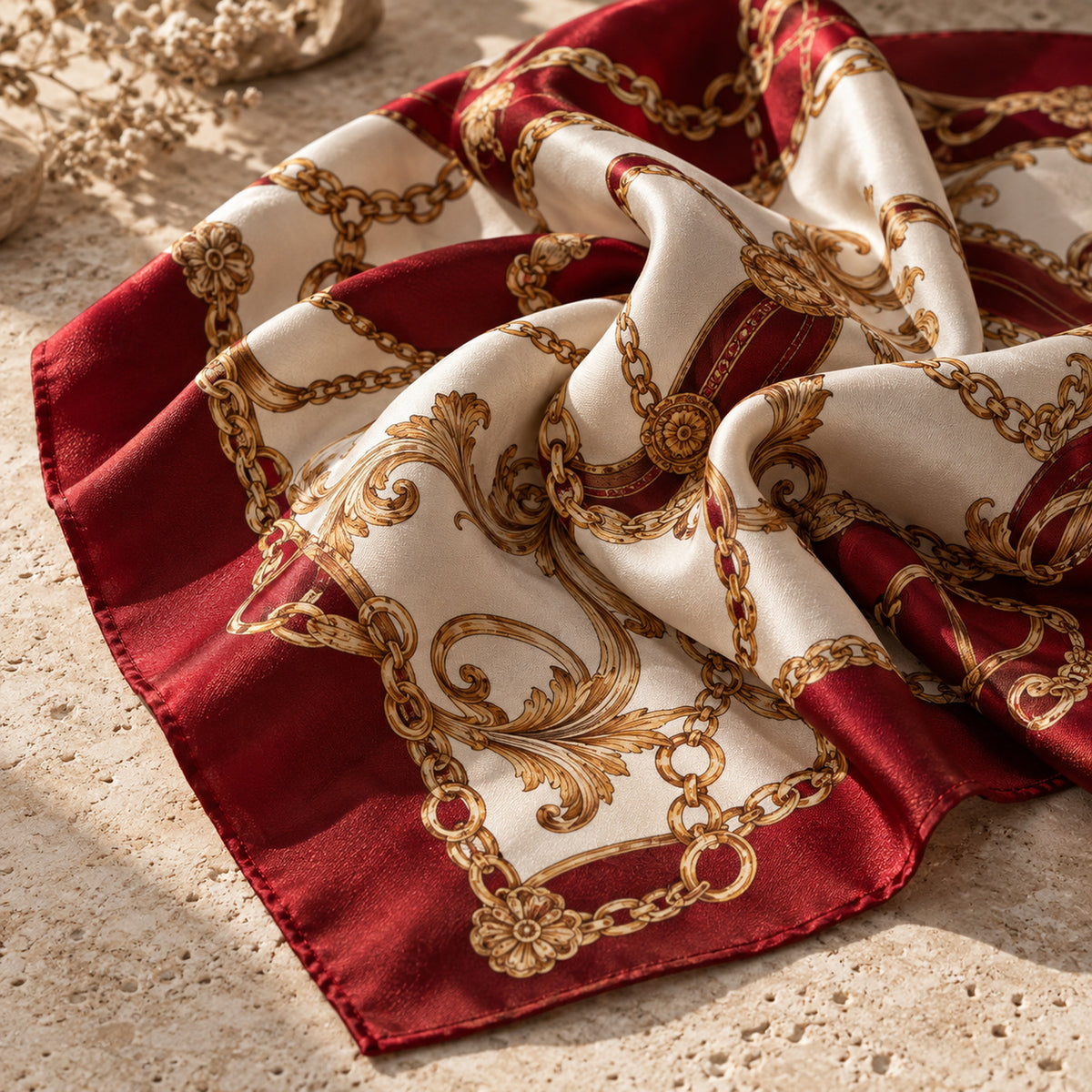 En silkescarf med röd och krämfärgad bakgrund pryds av ett utsmyckat mönster av guldkedjor och snirklar och ligger vackert vikt på en strukturerad beige yta i ett mjukt naturligt ljus.