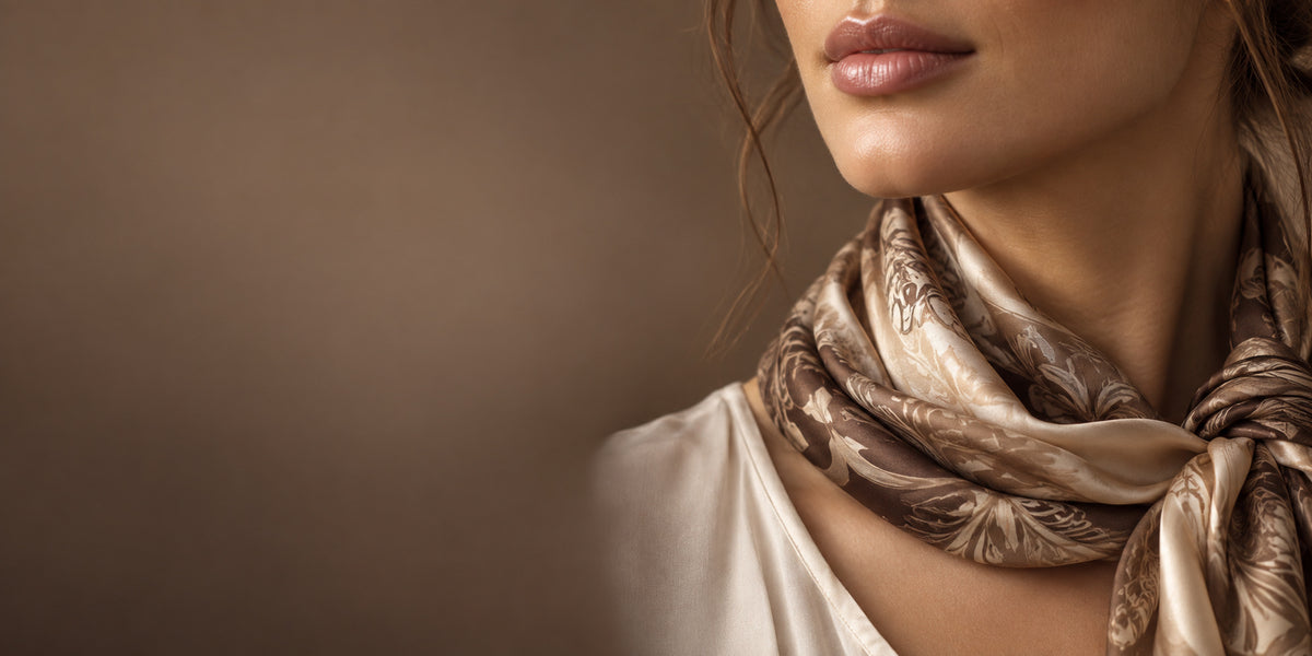 Närbild på en kvinnas underansikte och hals; hon bär en ljusmönstrad silkescarf och en krämfärgad blus, med mjuk belysning och en suddig brun bakgrund.