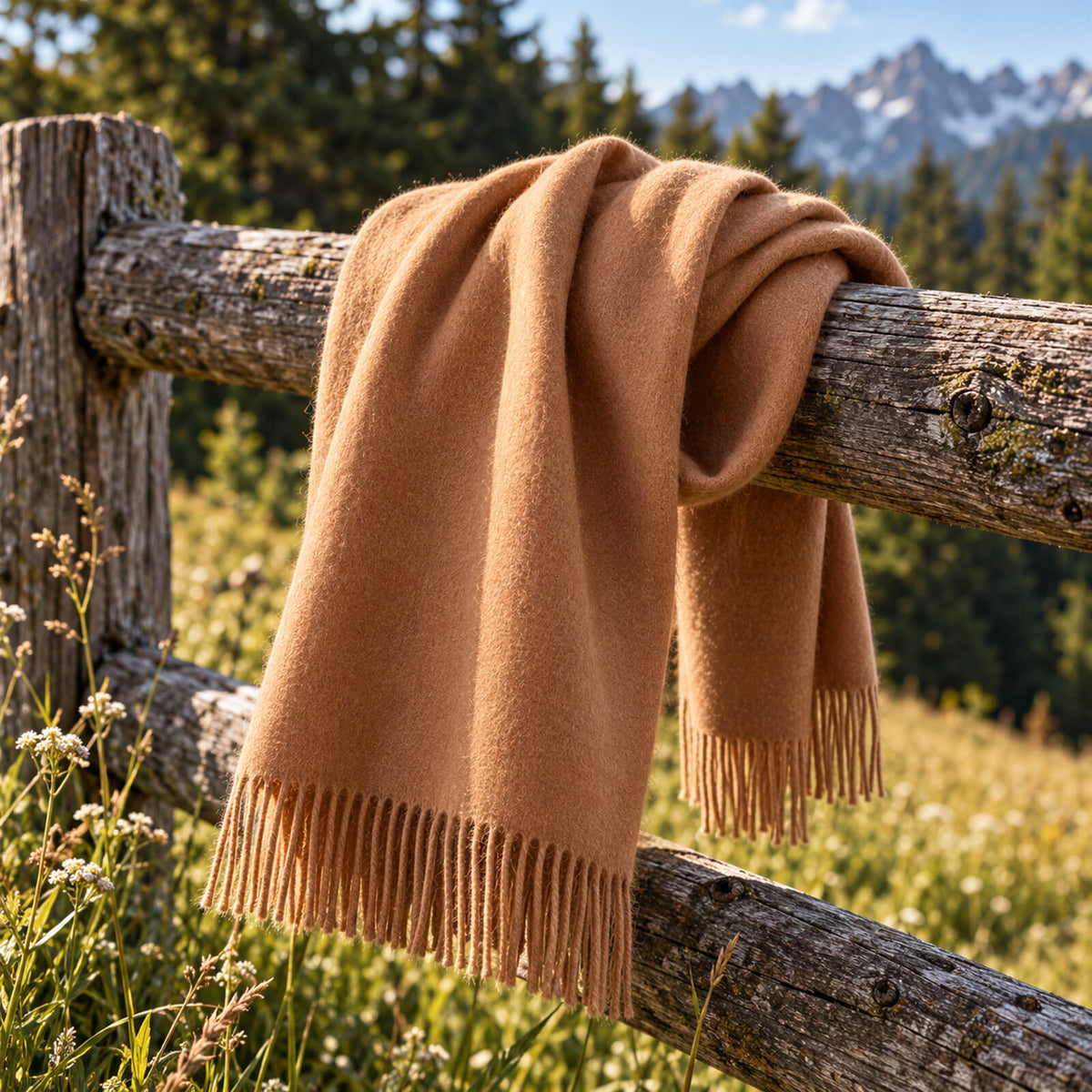 En ljusbrun scarf med fransar som hänger över ett rustikt trästaket, med vilda gräs i förgrunden och tallar samt berg i bakgrunden en solig dag.