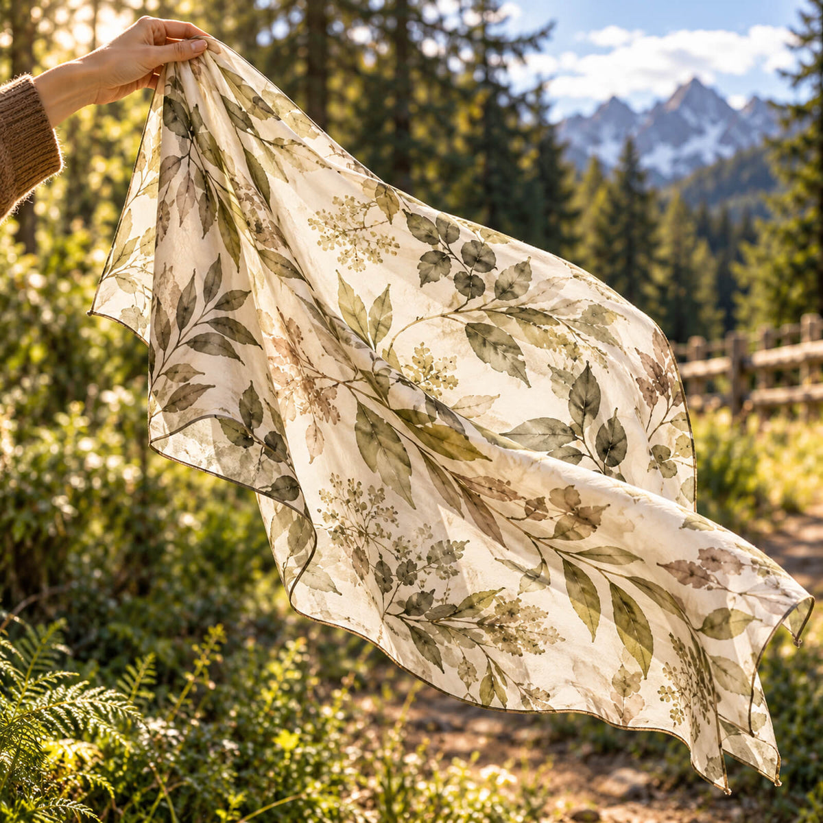 En hand håller i en ljus, blommig sjal utomhus, och solljuset lyser igenom den. I bakgrunden syns tallar, ett trästaket och berg i fjärran.