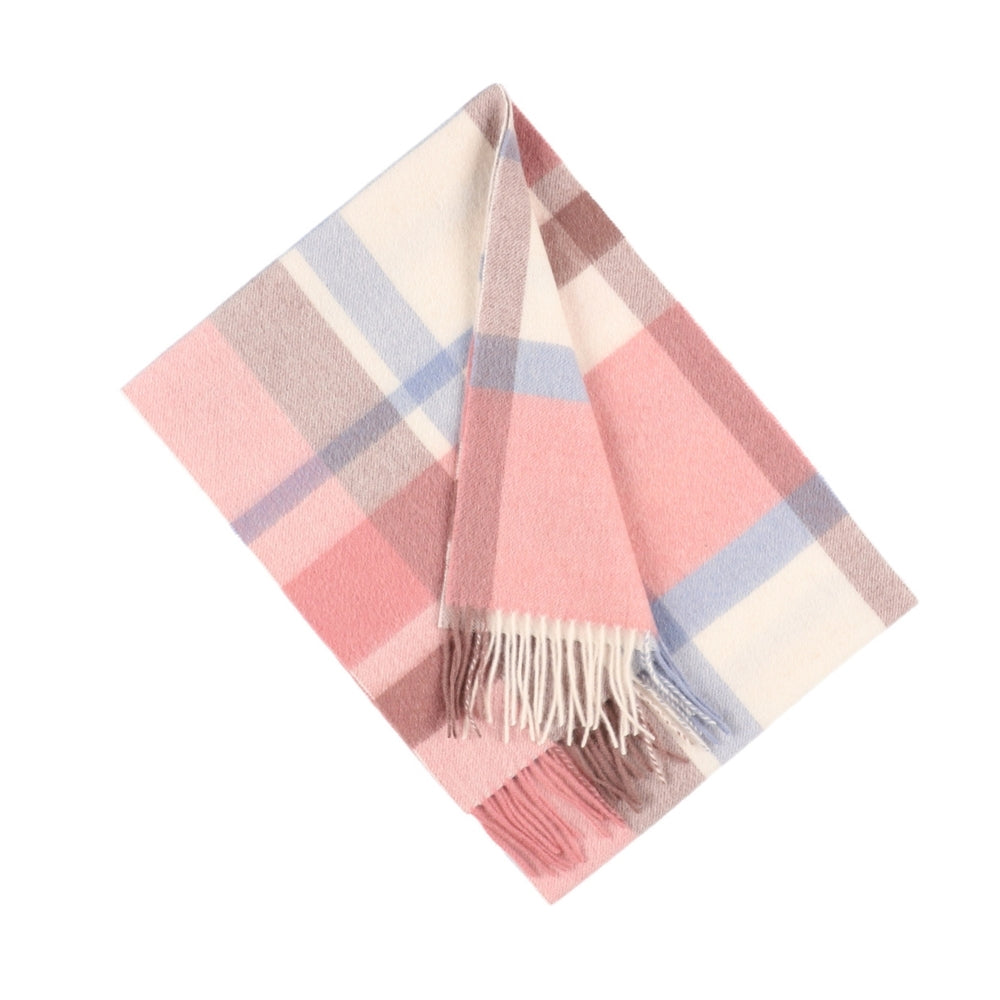 Rutig halsduk i 100 % ull, rosa, med fransar – London (3)